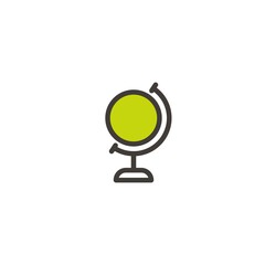 Globe icon isolated on white. Black line flat Earth planet model. Travel, adventure, trip symbol.