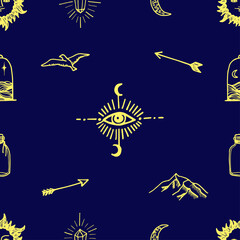 seamless pattern of yellow elements on the theme of mysticism on a dark blue background. Drawn by hand in doodle style and traced: third eye, mountains, arrow, crescent moon, bird, sun with a face