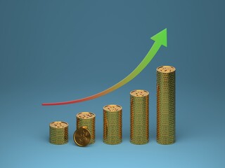 3D rendered concept illustration of golden dollar coins stacked with an upward arrow to show success