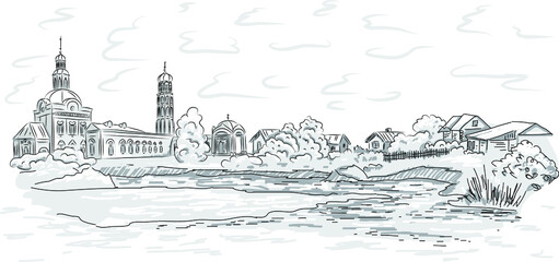 Russian village in summer with an old church. A sketch of a village temple in a graphic style. Summer vacation in the village. Pond and plants. Bell tower and domes