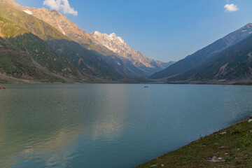 beautiful lake saiful malook and mountains reflection on water - KPK lake in the summer evening with clear sky