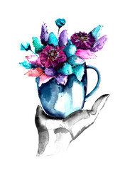watercolor illustration. a bouquet of flowers in a small Cup in the palm of your hand. isolated on a white background.