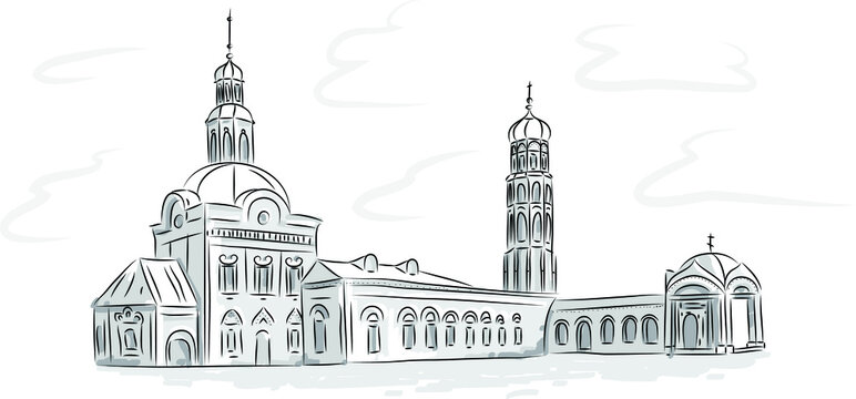An old church in a Russian village with domes and a bell tower. Made in a graphic style. Temple sketch