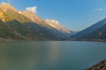 beautiful lake saiful malook and mountains reflection on water - KPK lake in the summer evening with clear sky