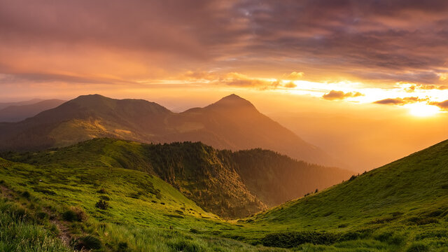 Fabulous sunrise in the mountains. The pink light of the sun illuminates the green hills covered with a gentle veil of fog © Rejdan