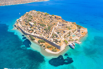 View of the island of Spinalonga with calm sea. Here were isolated lepers, humans with the Hansen's...