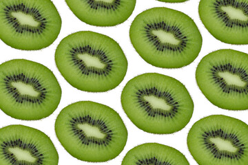 Fototapeta premium Seamless pattern of kiwi, slices of kiwi on a white background. From top to bottom. Background of parts of fresh, juicy kiwi