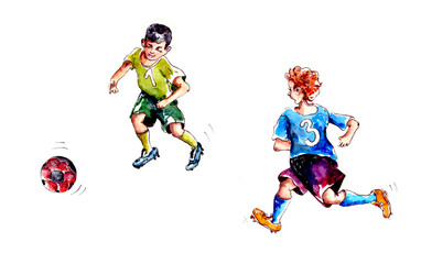Fototapeta na wymiar hand-drawn watercolor illustration. game of football. isolated set of two boys soccer players from different teams