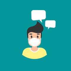 man with medical mask avatar. guy with speech bubbles. flat icon on blue background.