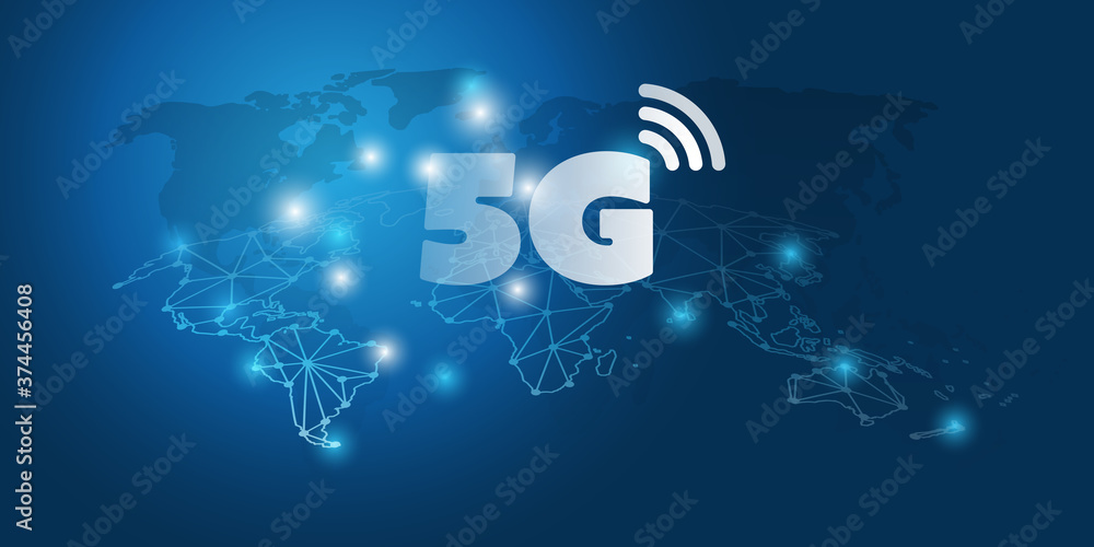 Poster futuristic global 5g mobile networks concept with cluster of glowing nodes and world map - high spee