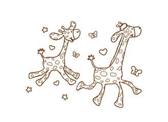 Giraffes.Vector brown drawing silhouette outline illustration coloring book for kids.Cartoon mother giraffe and baby giraffe run.Background with butterflies, stars and hearts.