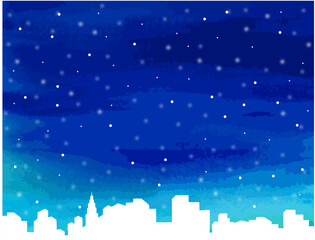 冬の雪の降るビル街の背景手描き風ベクターイラスト