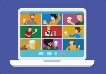Remote bar. Online teleconference alcoholic beer party of friends. Laptop monitor screen with group of people in zoom room with glasses and bottles of beer in hands. Vector flat modern illustration.