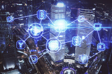 Multi exposure of social network theme drawing and cityscape background. Concept of people connecton.