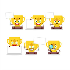Gold trophy cartoon character bring information board