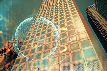 Map and data theme hologram on city view with skyscrapers background double exposure. International technology in business concept.