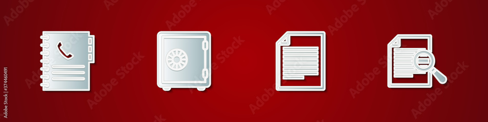 Poster set phone book, safe, document and with search icon. vector.