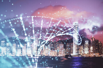 Obraz premium Double exposure of DNA drawing and cityscape background. Concept of education.