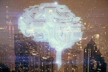 Brain hologram drawing on city scape background Double exposure. Brainstorming concept.