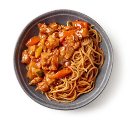bowl of fried noodles and meat