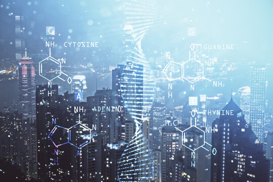 Double exposure of DNA drawing and cityscape background. Concept of education. - Powered by Adobe