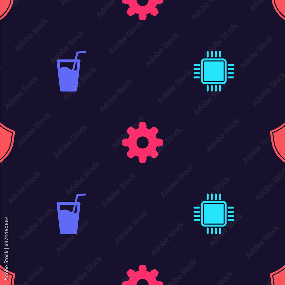 Poster set processor with cpu, glass water, cogwheel gear settings and shield on seamless pattern. vector.