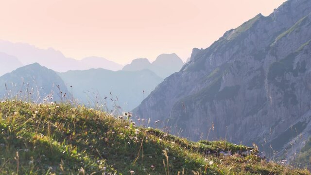 View from Mngart saddle. Beautiful Alp landscape in Slovenia. View of Italian mountains.