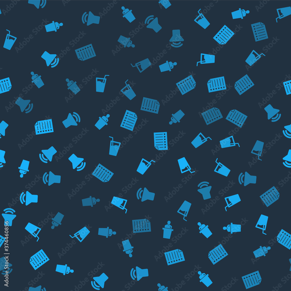 Poster set speaker, glass with water, document and volume on seamless pattern. vector.