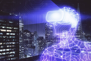 Double exposure of AR people drawing and cityscape background. Concept of augmented reality.