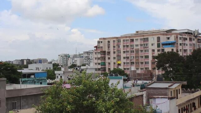 residential buildings and houses in city, Indian street sky background with old house and nature in Indore, India-july 2020