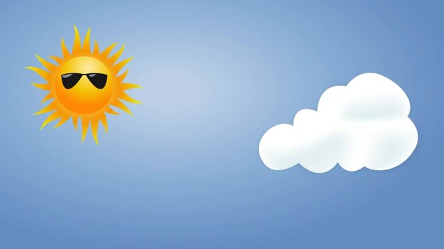 Abstract blue sky. Cloud and sun with sunglasses. Summer and weather background. 2D animation. Loop footage 4k