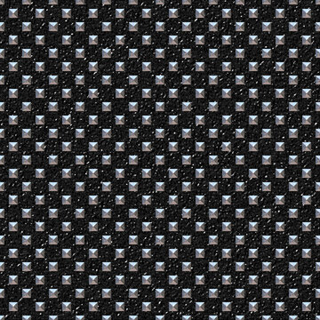 Metal studs polka dots pattern on black leather effect texture with shine from lighting 3D illustration