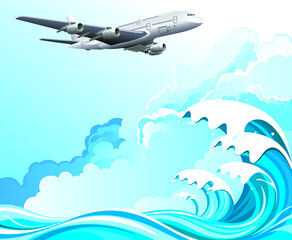 Passenger plane flying over ocean waves set against a blue cloudy sky