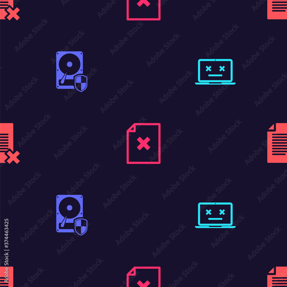 Poster set dead laptop, hard disk drive hdd protection, delete file document and on seamless pattern. vecto