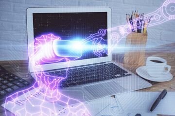 Computer on desktop with AR theme icon. Multi exposure. Concept of augmented reality.