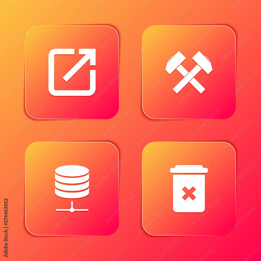 Poster set open in new window, two crossed hammers, server, data, web hosting and trash can icon. vector.