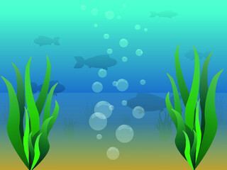 Fototapeta na wymiar Underwater depth. Cartoon underwater scenery. Silhouettes of fish with bubbles framed by aquatic plants.