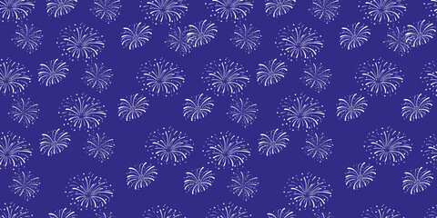 Vector Seamless Pattern, Firework explosions on dark blue sky, holidays illustration, celebration concept.