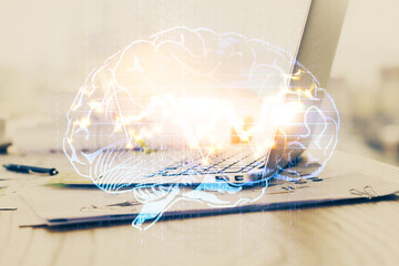 Double exposure of desktop computer and human brain drawing hologram. Ai concept.
