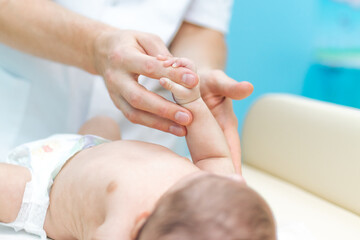 Baby massage, close up shot. Child massage, newborn.