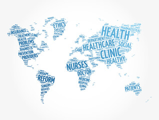 Health word cloud in shape of world map, medical concept background