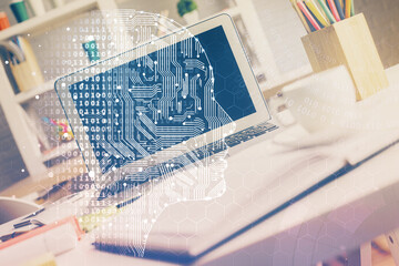 Double exposure of desktop computer and human brain drawing hologram. Ai concept.