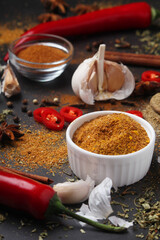 Chili peppers and other spices top view