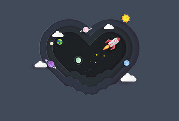 Rocket-style senior paper flying in space, a start-up concept with a love background, flat style vector illustration.