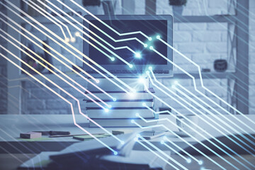 Multi exposure of desktop computer and technology theme hologram. Concept of software development.