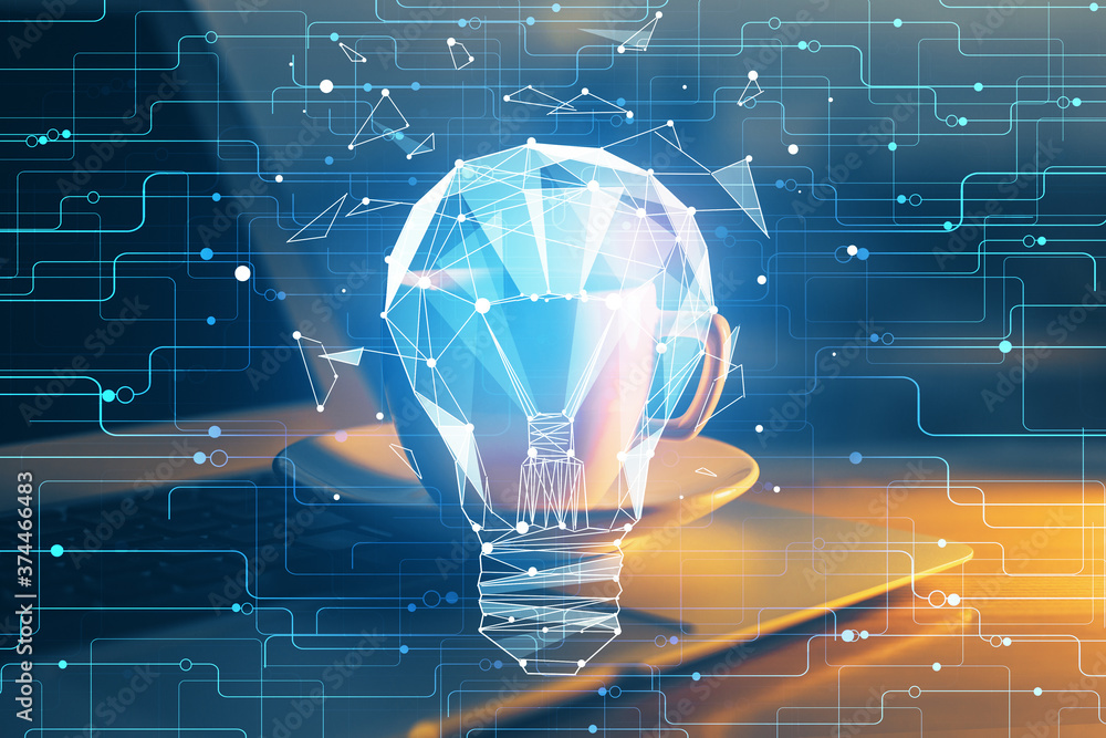 Poster Computer on desktop in office with bulb icon hologram. Double exposure. Concept of idea.