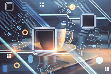 Double exposure of desktop computer and technology theme hologram. Concept of software development.