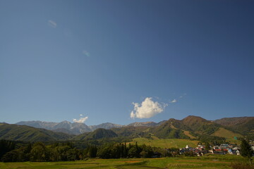 Early autumn view of mountains in Japanese alps, Hakuba