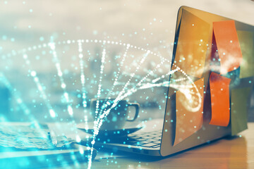 Desktop computer background and DNA drawing. Double exposure. Science concept.