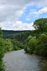 Fototapeta na wymiar Taiga river among green mountains. Anyu river, Sikhote-Alin. Vertical photo.
